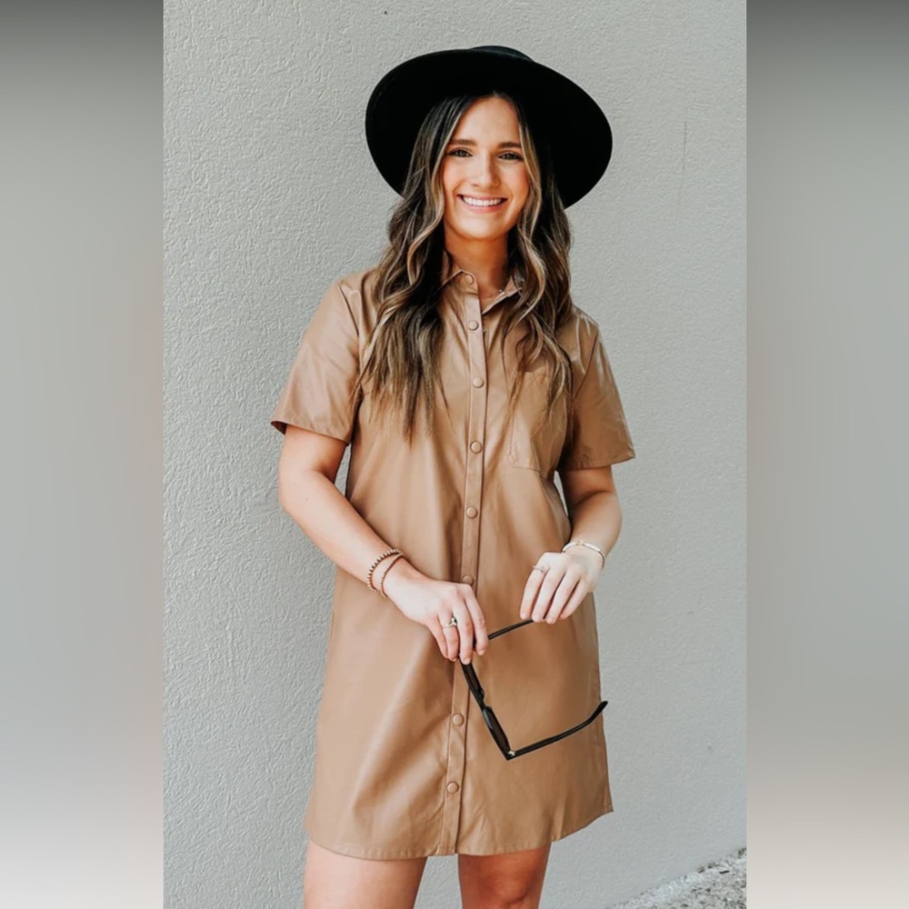entro Tan Button-Front Shirt Dress
